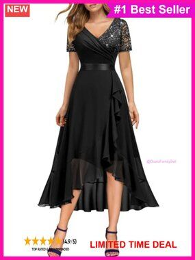 V-Neck Sequin Lace Chiffon A-Line Formal Evening Dress Ruffle Slit